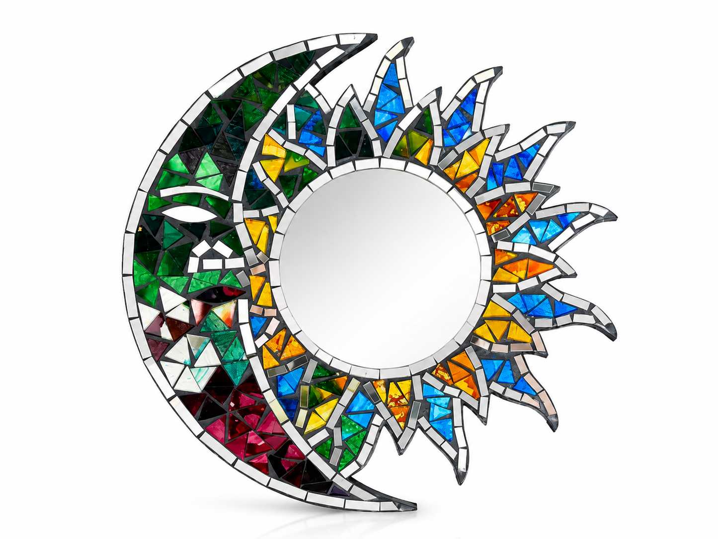 Handmade Mosaic Sun & Moon Mirror – 30cm Stained Glass Wall Art