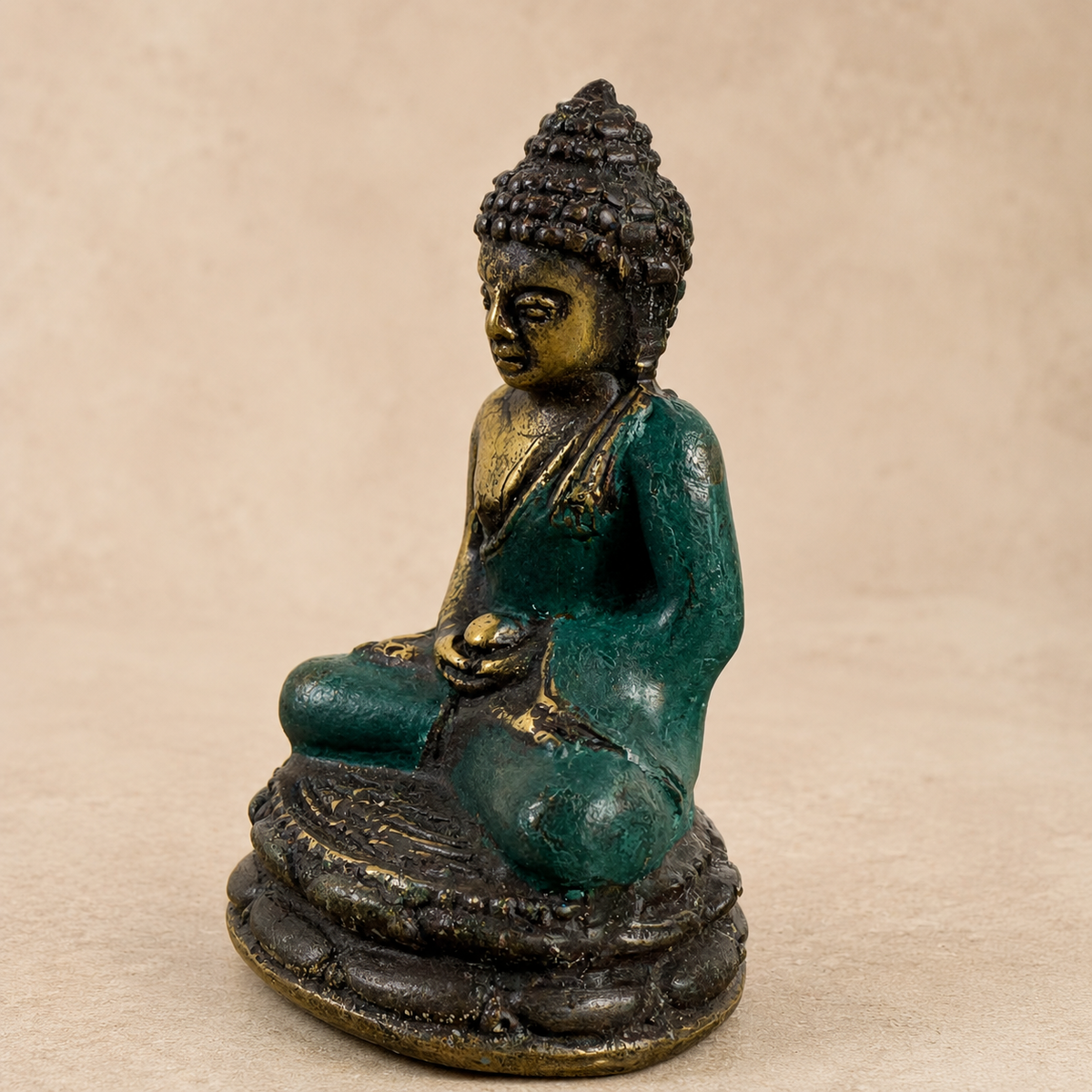 Small Seated Brass Buddha Statue with Teal Finish – 6 cm