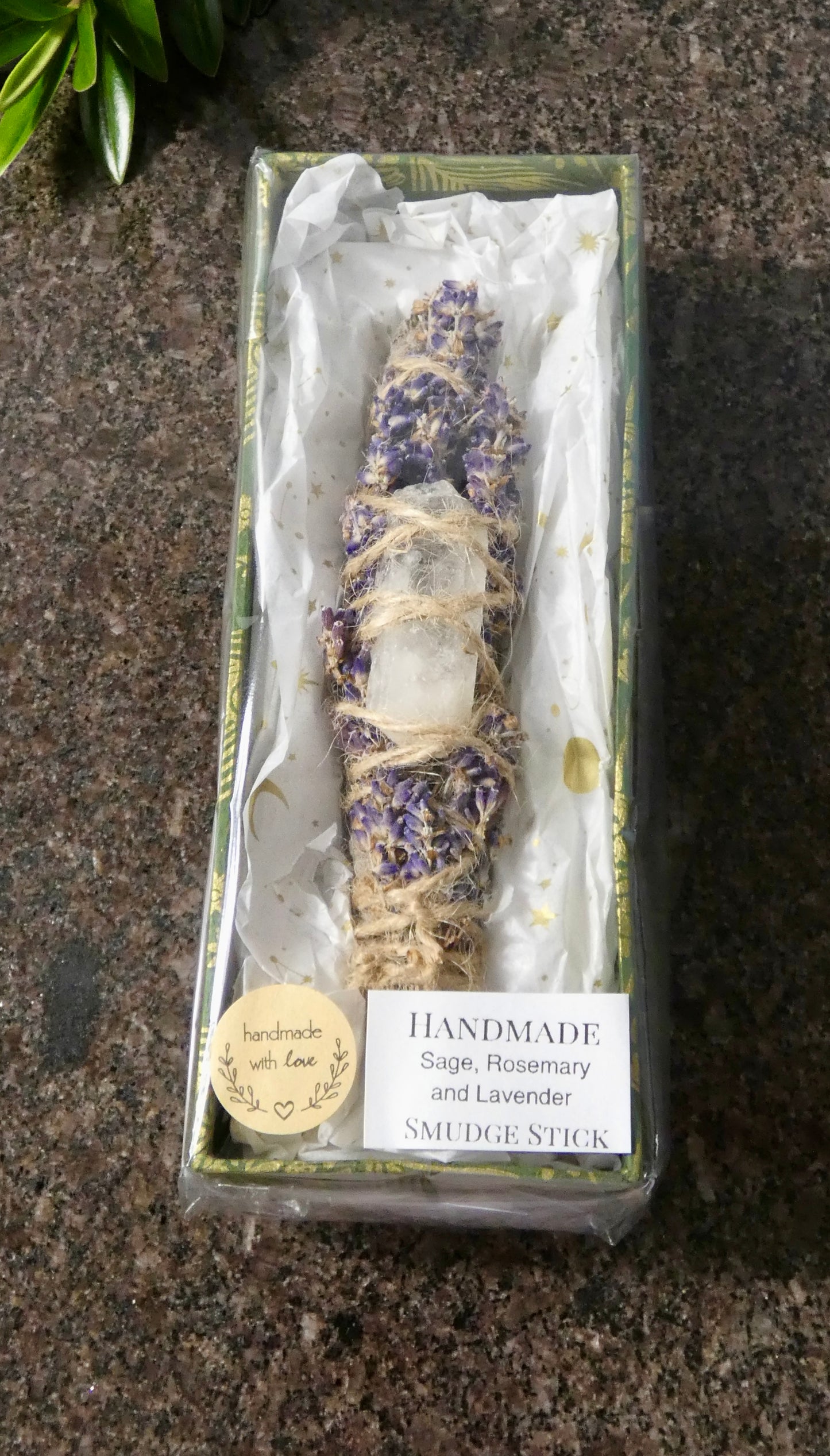 Sage Smudge Stick with lavender and clear quartz