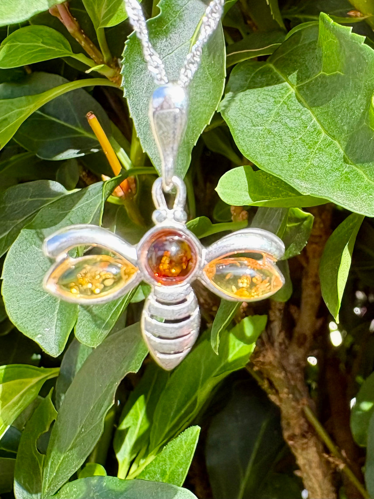Sterling Silver Amber Bee Pendant Necklace with 18" Sterling Silver Chain