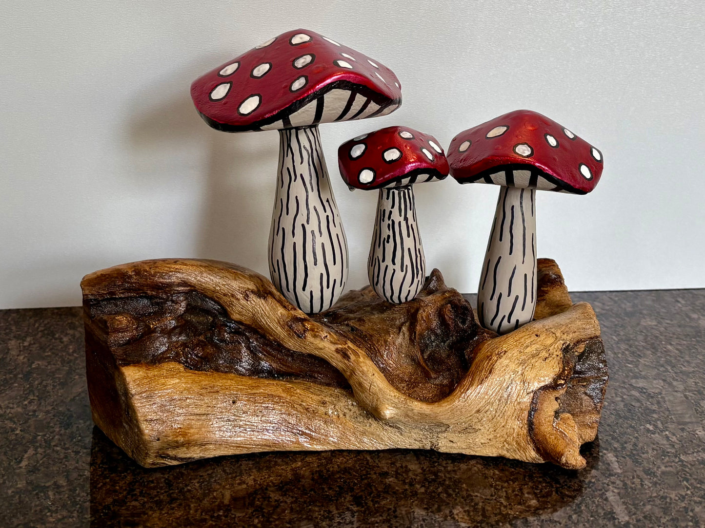 Hand-Painted Toadstool Trio on Wood Base