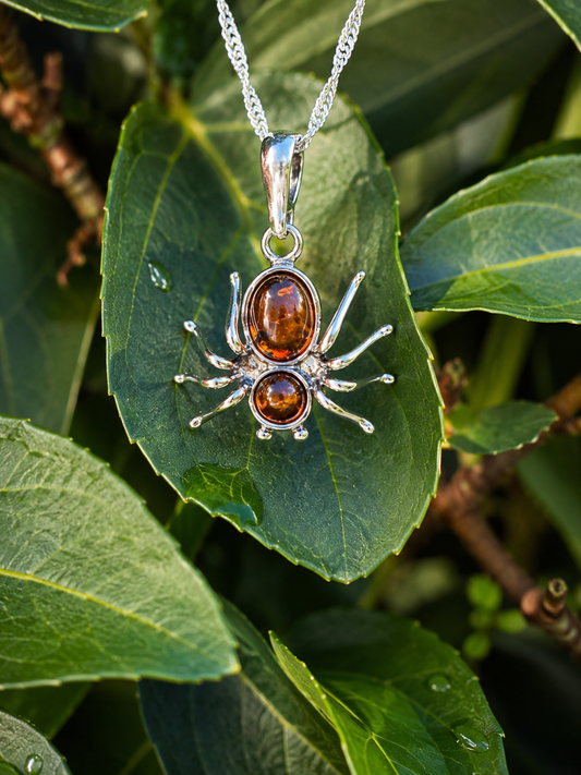 Sterling Silver Baltic Amber Spider Pendant Necklace – Genuine Amber with 18" Sterling Silver Chain