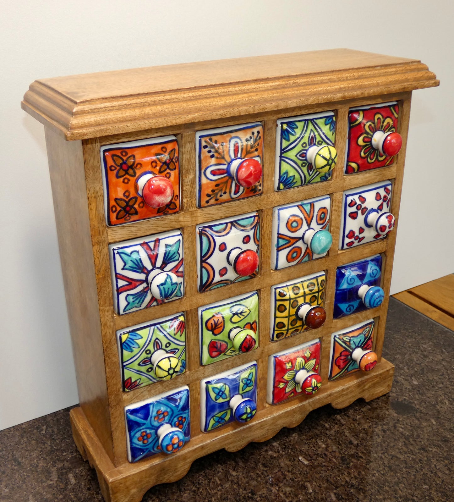 16 Drawer Ceramic Storage Chest, Mango Wood / jewellery / spices