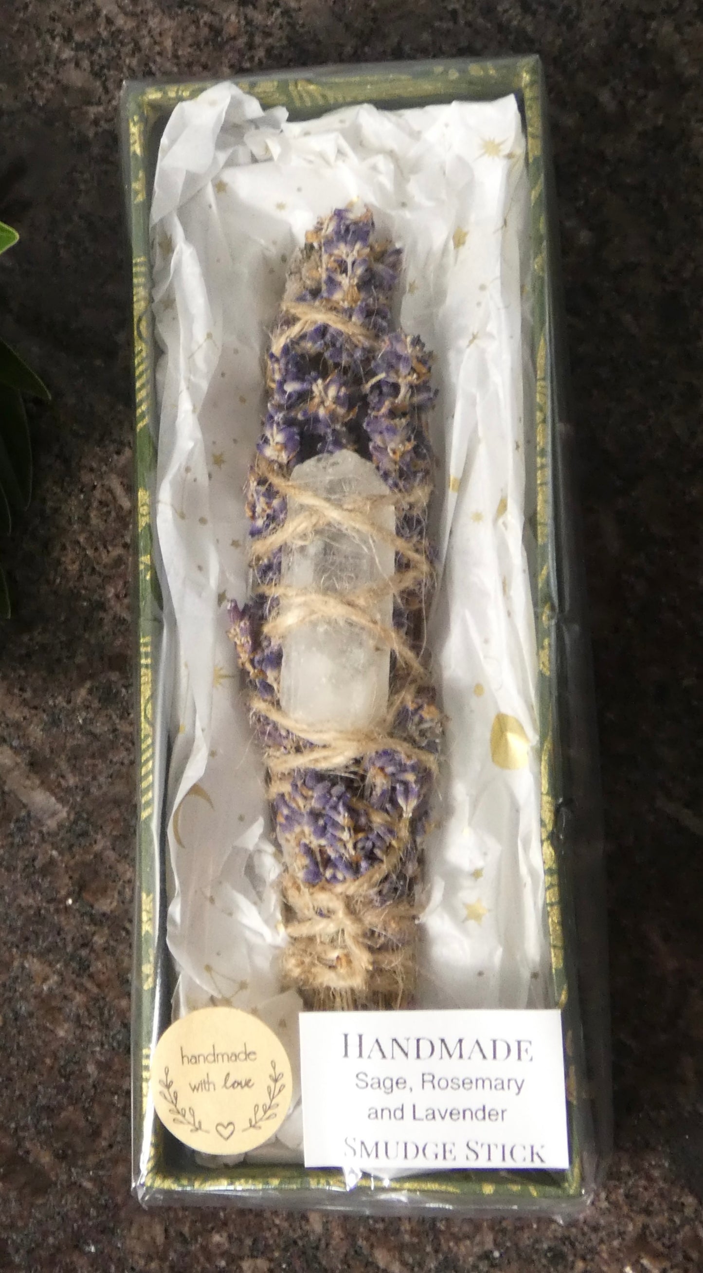 Sage Smudge Stick with lavender and clear quartz