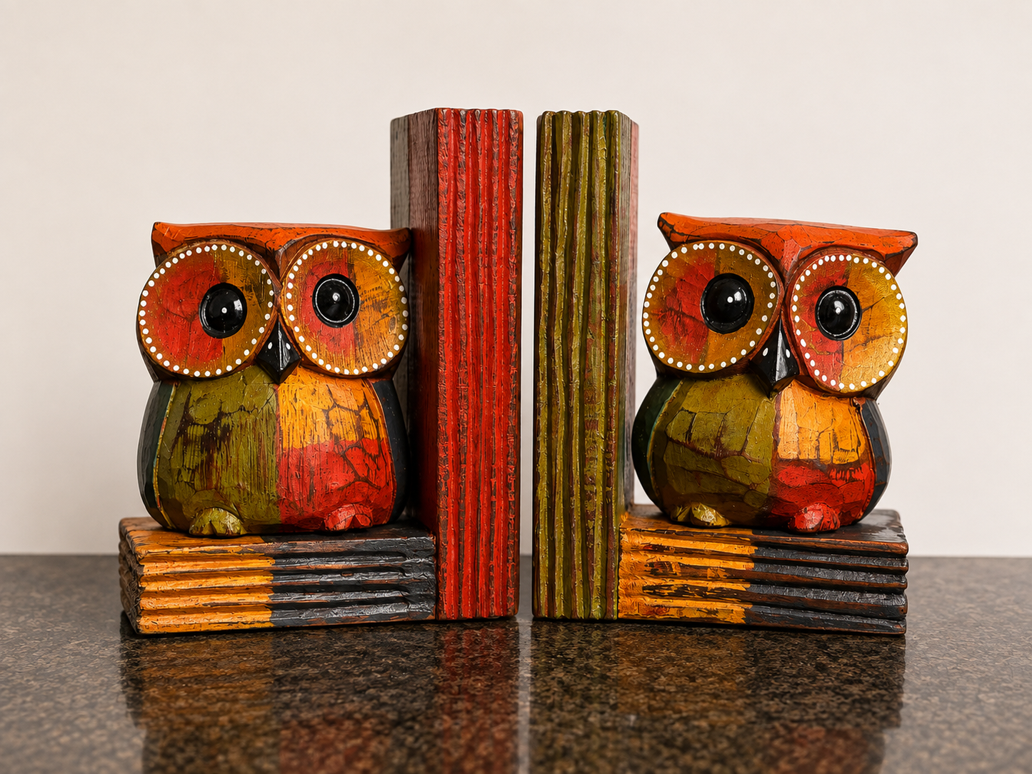 Hand-Carved Wooden Owl Bookends – Colorful Rustic Decorative Book Ends
