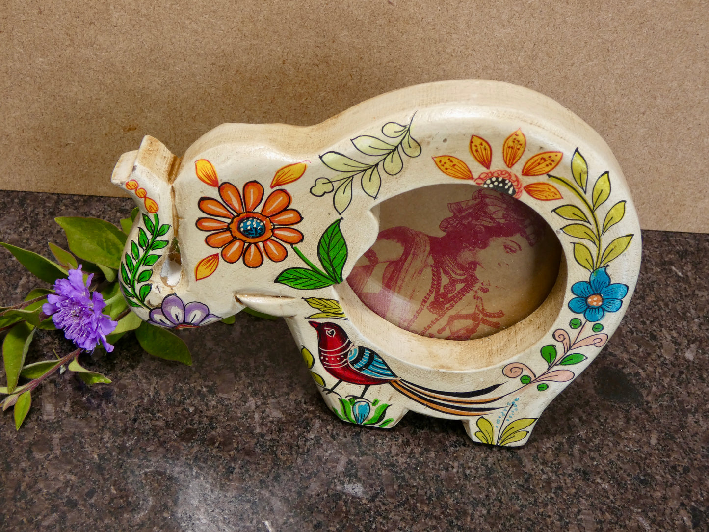Hand painted wooden elephant shaped photo frame