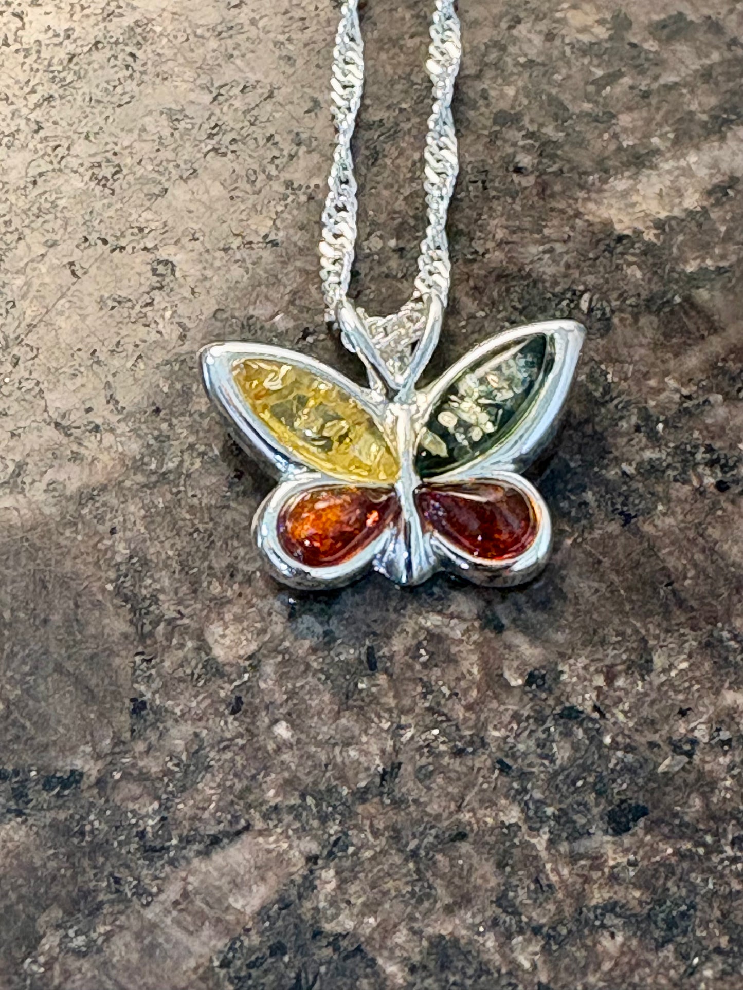 Sterling Silver Baltic Amber Butterfly Necklace – 18" Chain