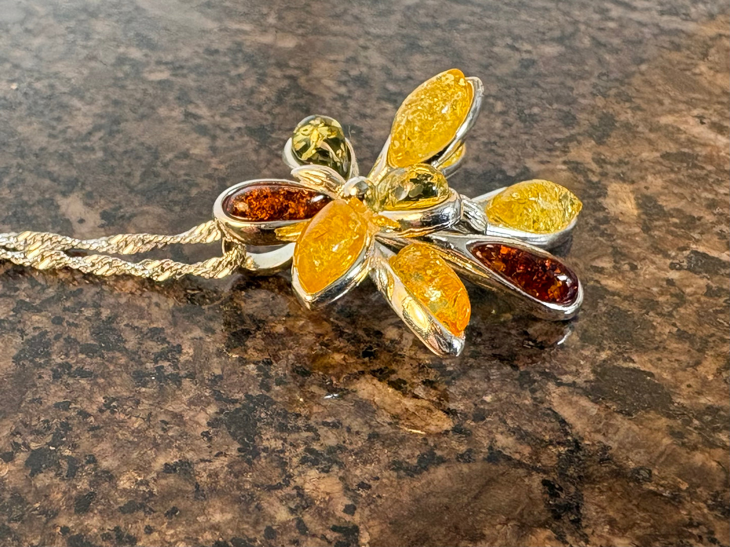 Sterling Silver Baltic Amber Dragonfly Pendant Necklace – Multicolour Genuine Amber, 18" Sterling Silver Chain
