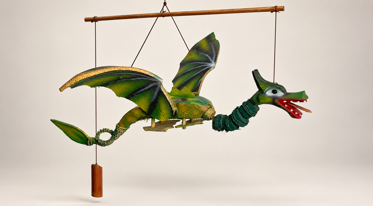 Green Coconut Shell Flying Dragon – Handcrafted Hanging Decoration / Puppet