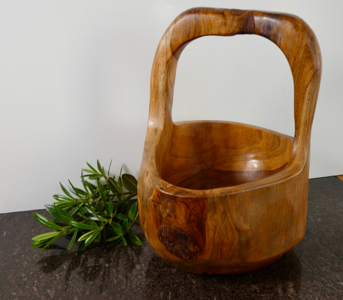 Solid Teak Wood Bowl with Handle | Handcrafted Basket Style Wooden Bowl | Natural Rustic Home Décor | 34cm High