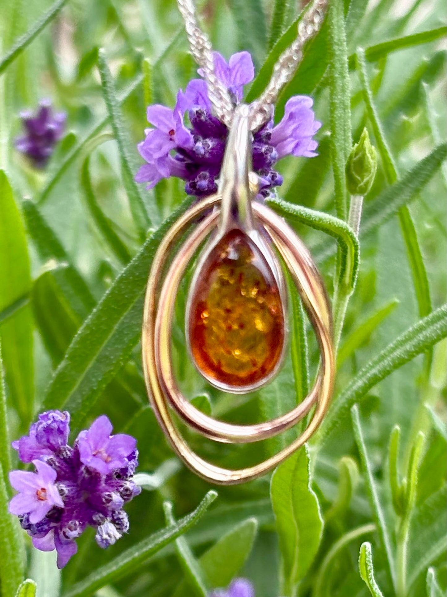 Sterling Silver Amber Pendant with Yellow and Rose Gold Plate Accents