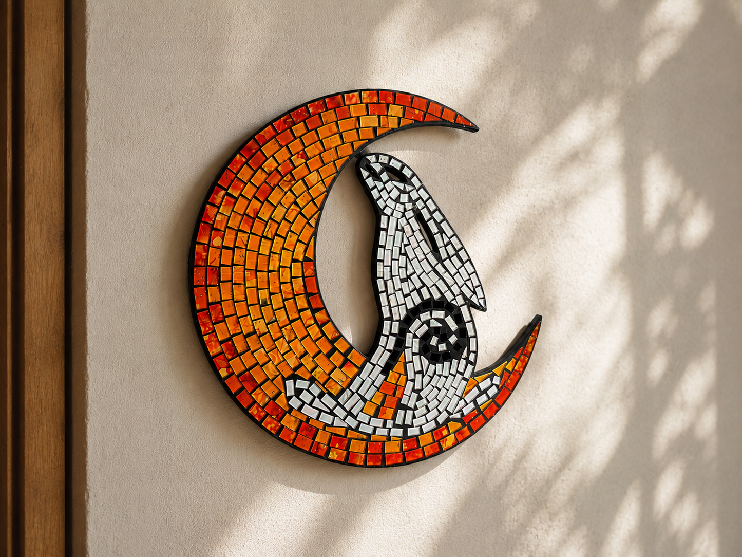 Handmade Hare in Moon Mosaic Wall Art – 28cm | Stained Glass Moon Hare Wall Hanging