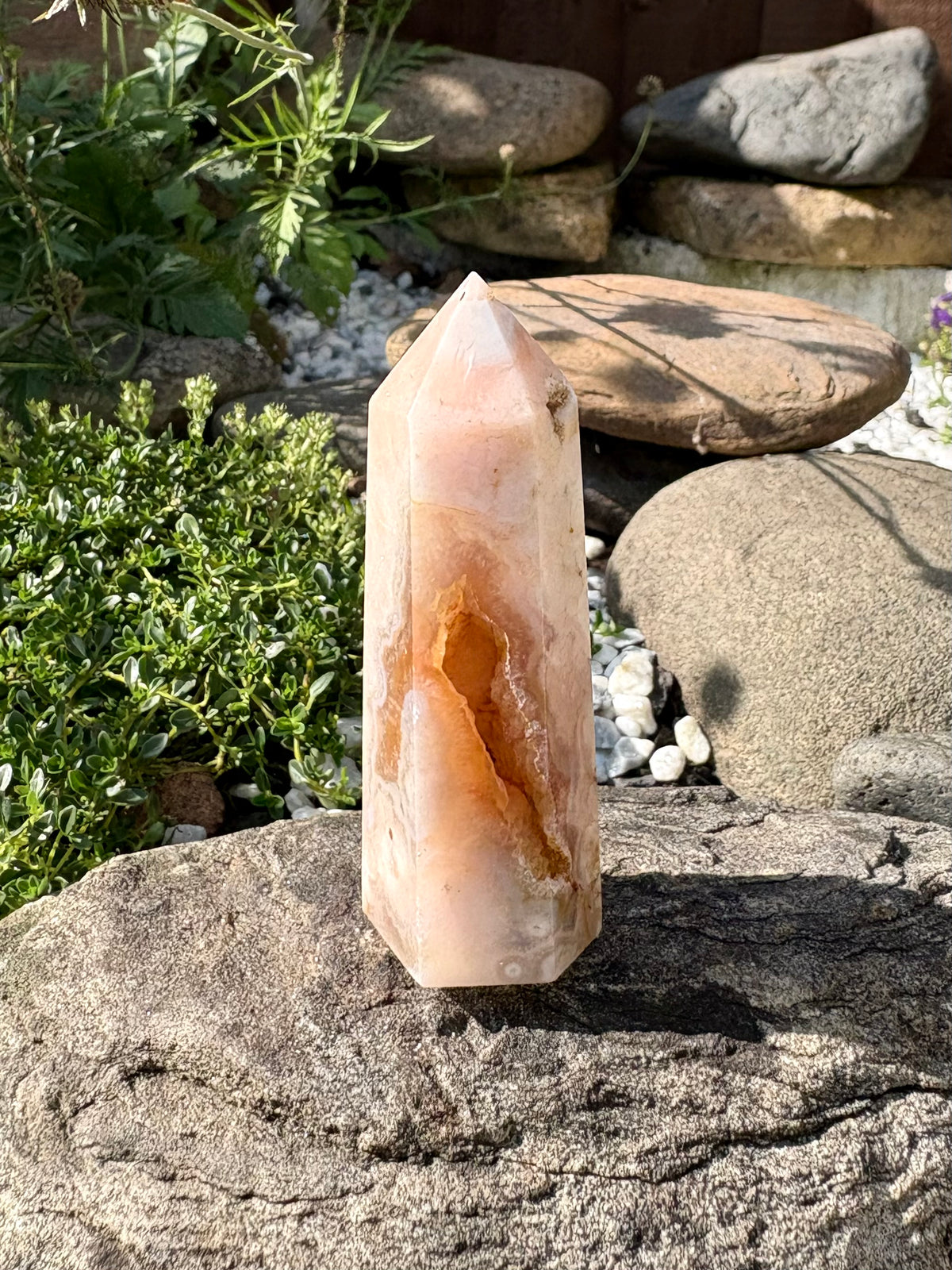 Flower Agate Crystal Point with Large Druzy – 64 g