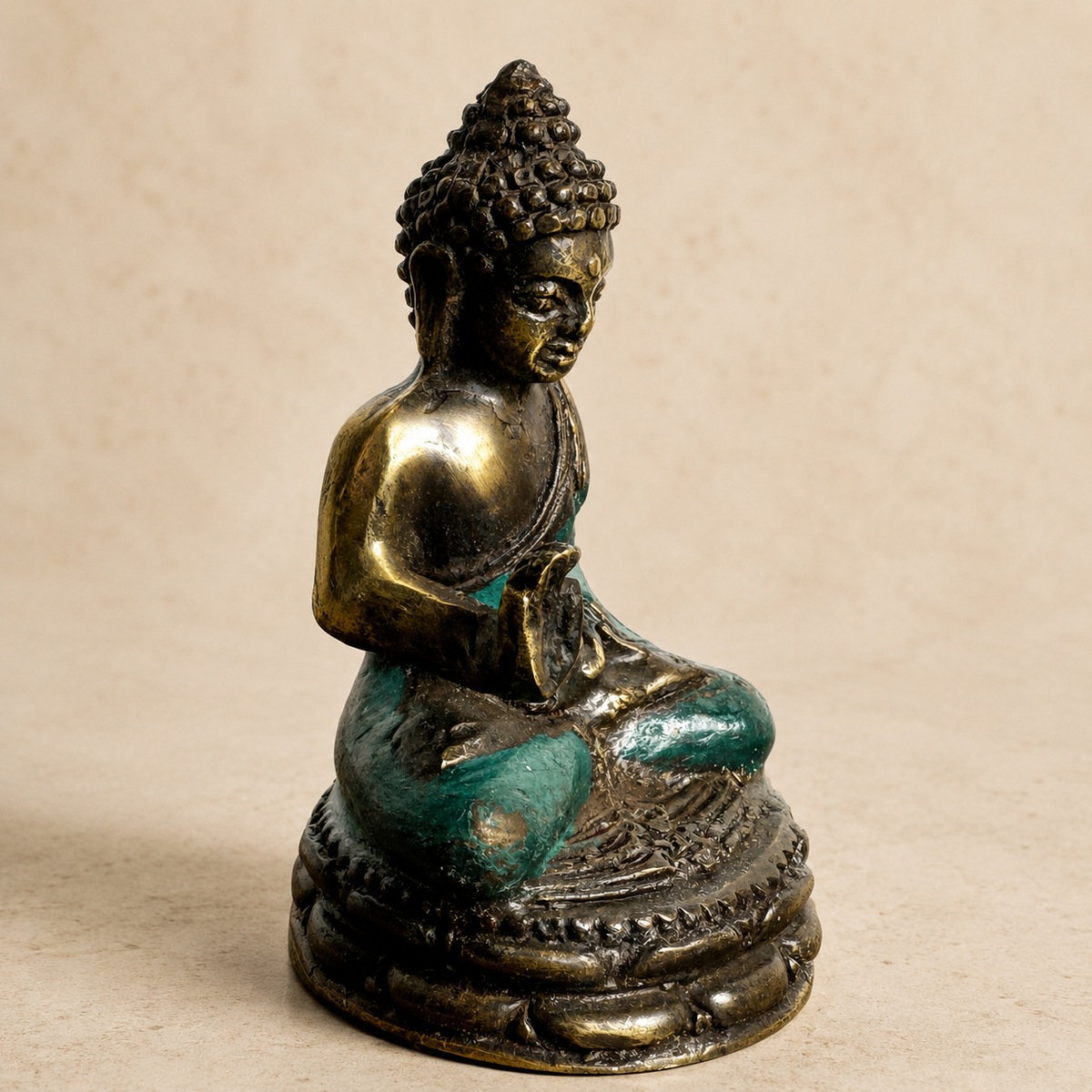 Small Seated Brass Buddha Statue with Teal Finish – 6 cm