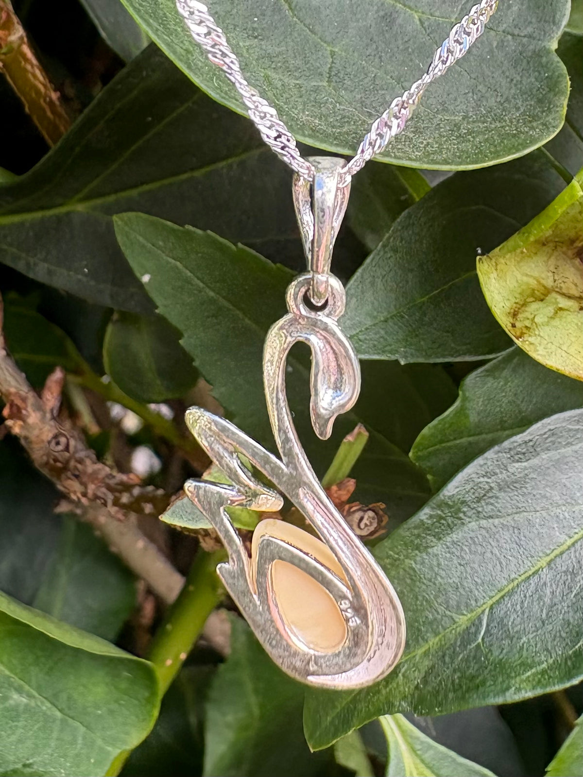 Sterling Silver Swan Pendant with Genuine Honey Amber & 18" Sterling Silver Chain