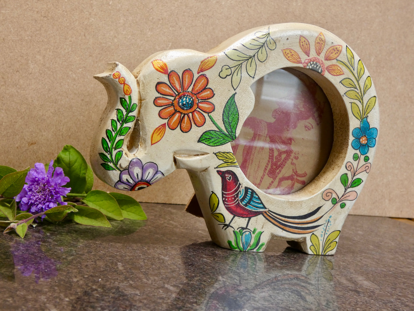 Hand painted wooden elephant shaped photo frame