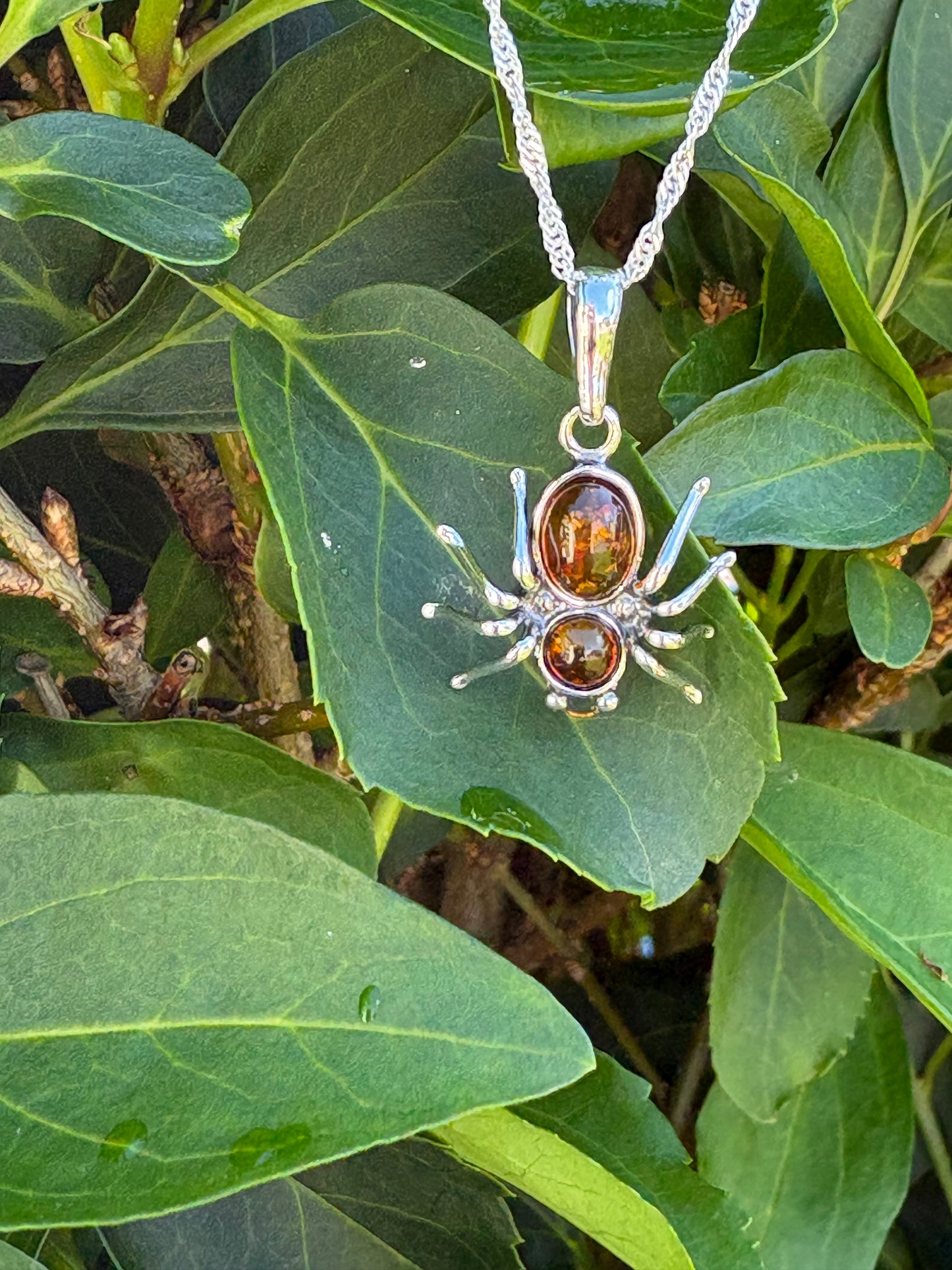 Sterling Silver Baltic Amber Spider Pendant Necklace – Genuine Amber with 18" Sterling Silver Chain