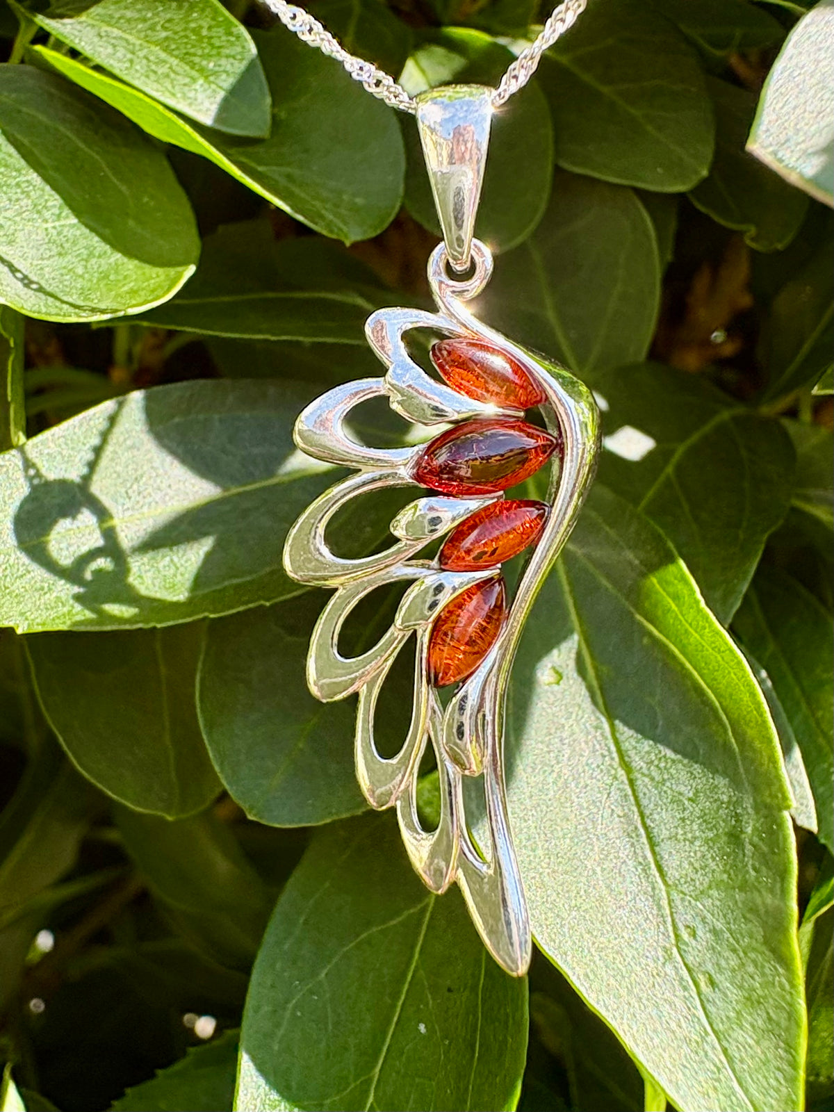 Sterling Silver Baltic Amber Angel Wing Pendant Necklace – Multicolour Genuine Amber, 18" Sterling Silver Chain