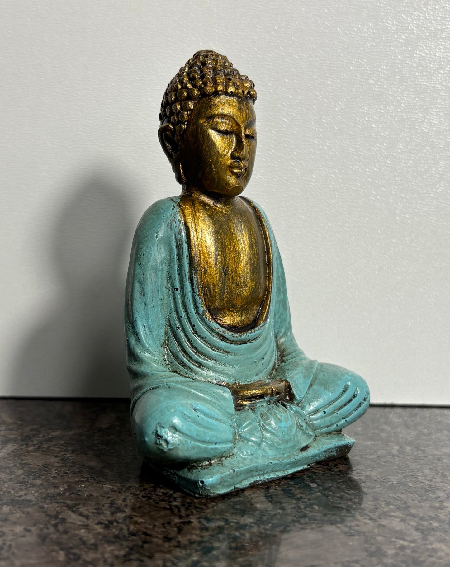 Painted Seated Buddah Figurine (Ivory, Orange and Blue)