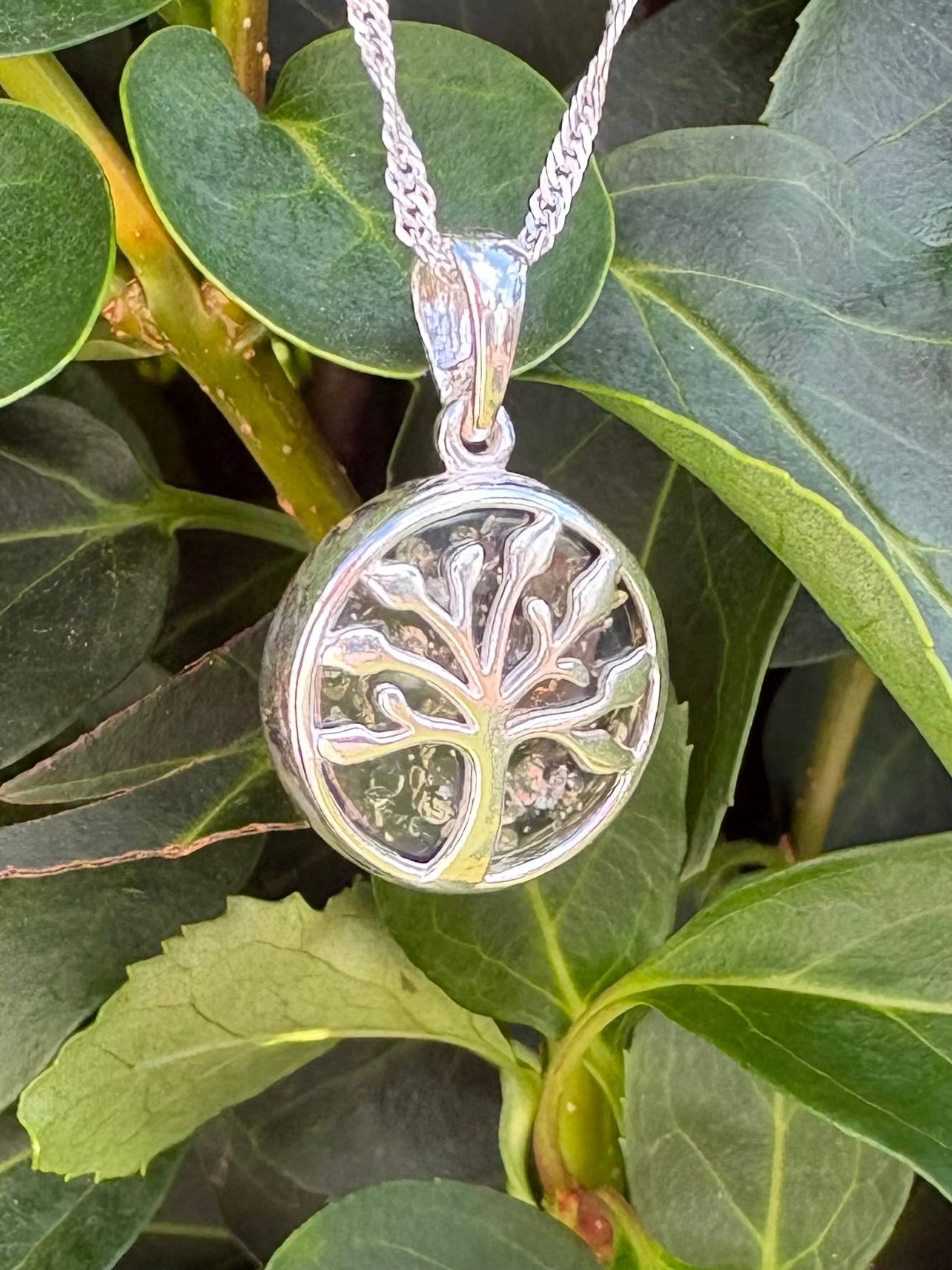 Sterling Silver Green Baltic Amber Tree of Life Pendant Necklace – Genuine Amber, 18" Sterling Silver Chain