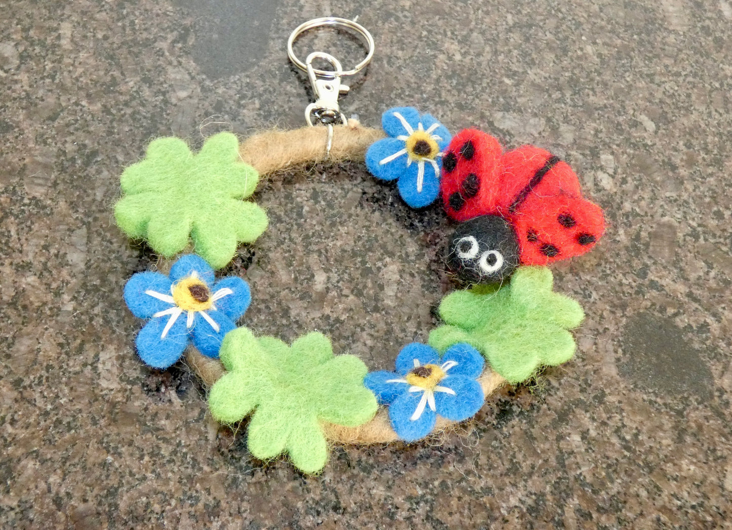 Handmade Felt Ladybug and Flowers Wreath Keychain