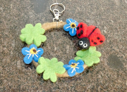 Handmade Felt Ladybug and Flowers Wreath Keychain