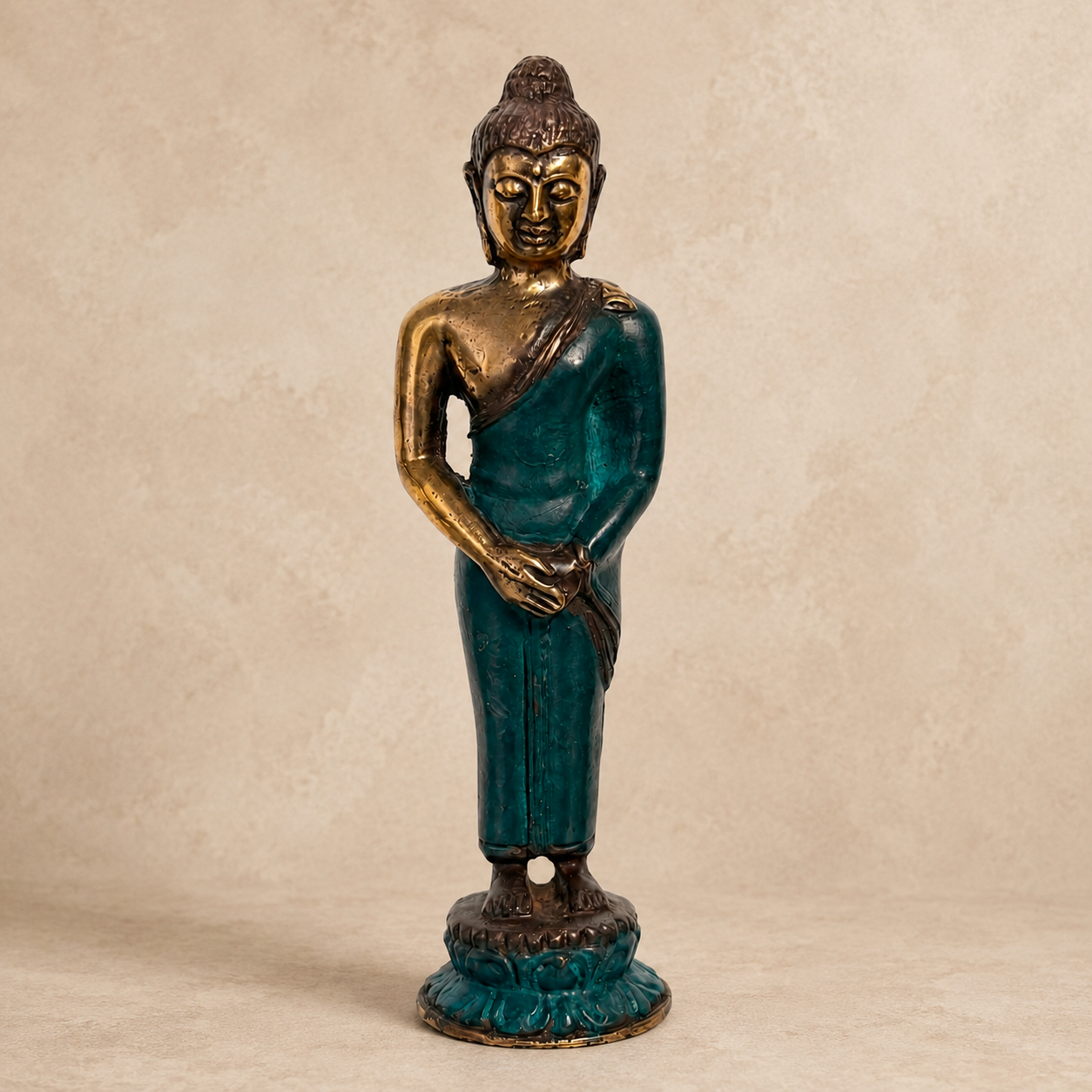 Standing Brass Buddha Statue with Teal Finish – 17 cm