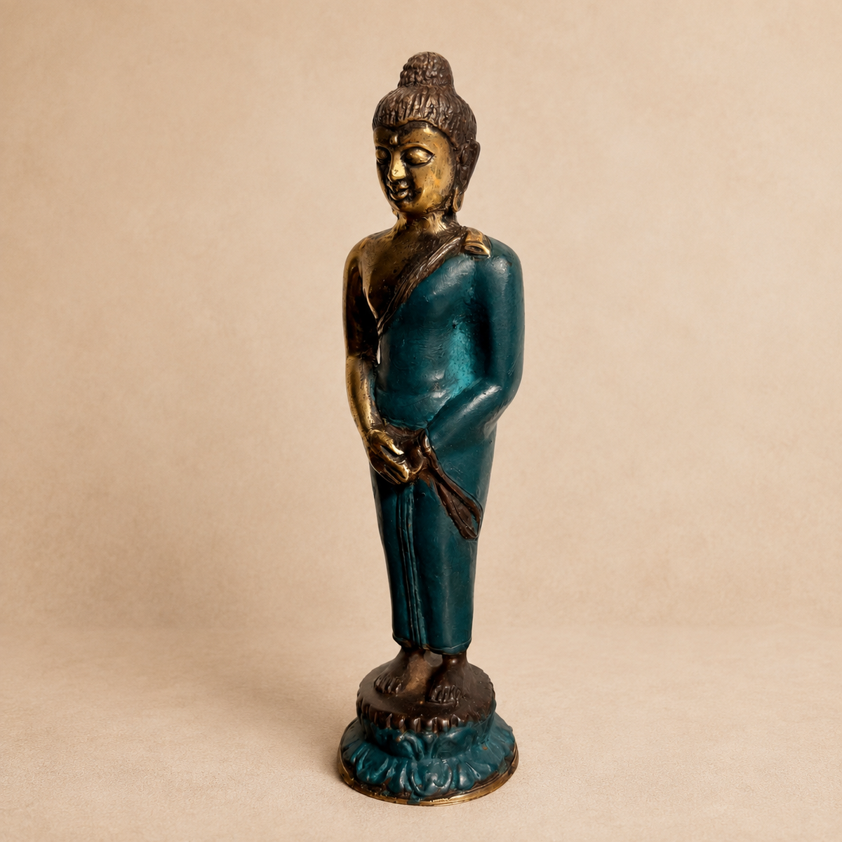 Standing Brass Buddha Statue with Teal Finish – 17 cm