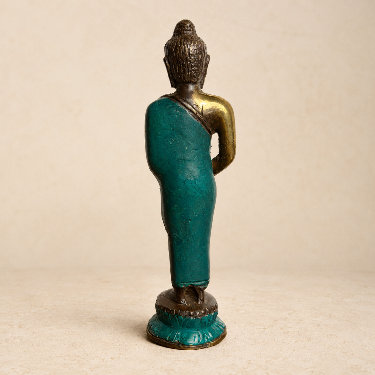 Standing Brass Buddha Statue with Teal Finish – 17 cm
