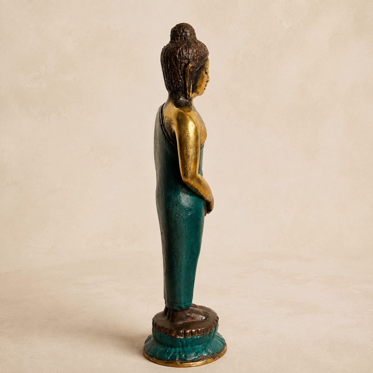 Standing Brass Buddha Statue with Teal Finish – 17 cm
