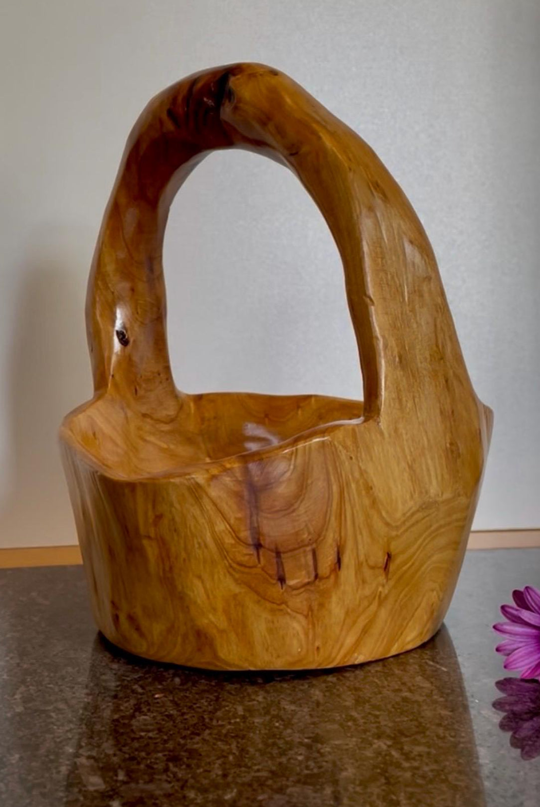 Artisan Solid Wood Decorative Bowl / Basket with handle