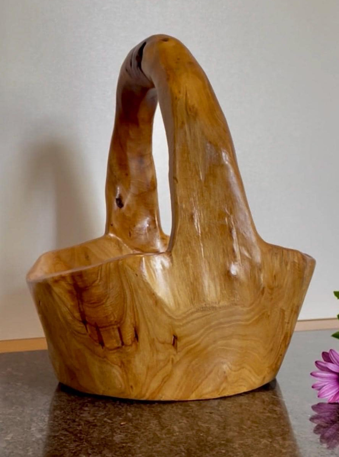 Artisan Solid Wood Decorative Bowl / Basket with handle