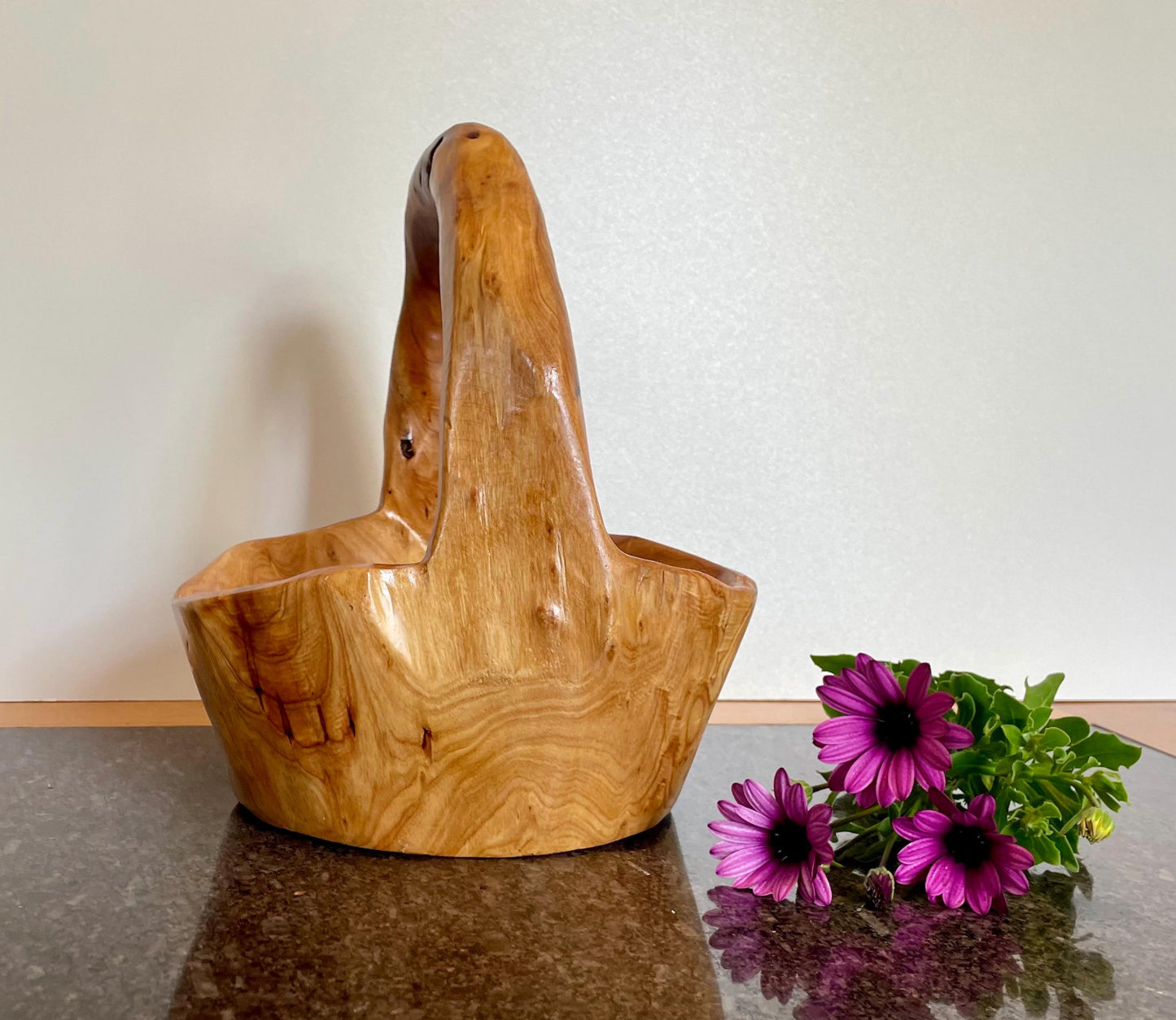Artisan Solid Wood Decorative Bowl / Basket with handle