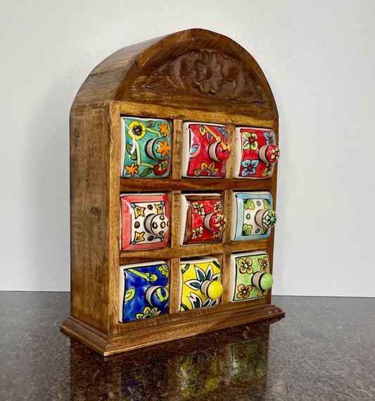 Artisan Wooden mini chest with 9 ceramic drawers rounded top - Fair Trade