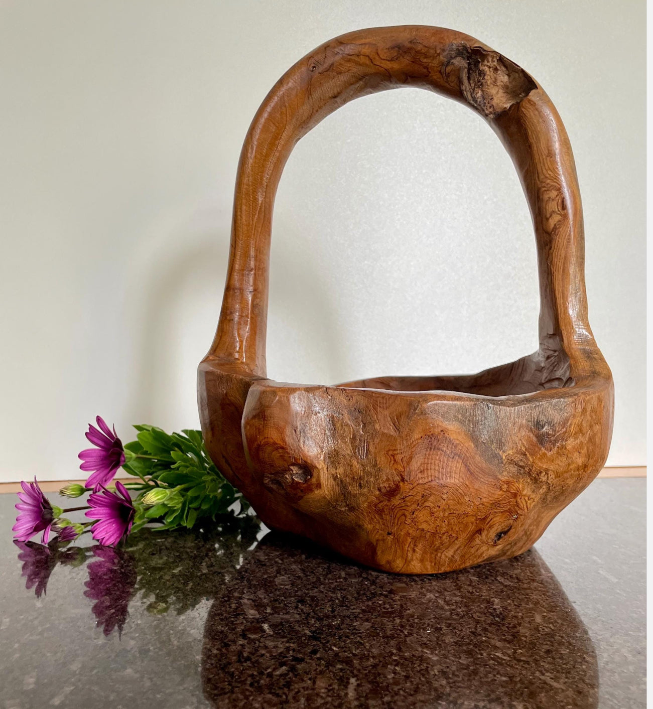 Artisan Solid Wood Decorative Bowl / Basket with handle