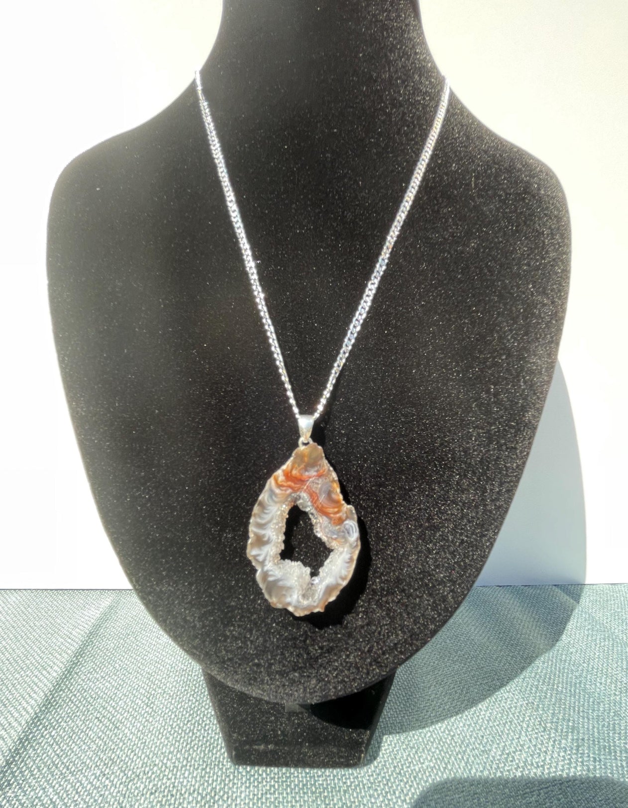 Sterling Silver Natural Agate Slice Pendant with 18”  Sterling silver chain