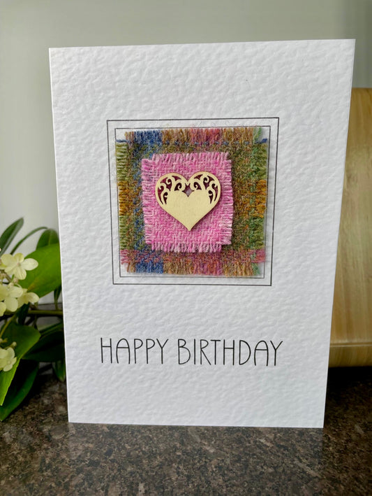 Hand crafted Harris Tweed Pink Heart Happy Birthday Greetings Card