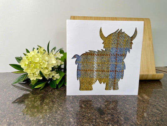 Hand made Harris Tweed Highland Cow Greetings Card