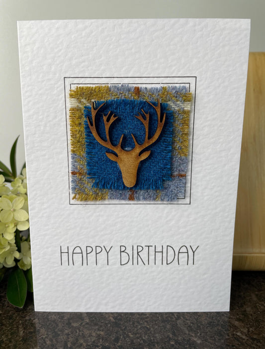 Hand made Harris Tweed Blue Stags Head Happy Birthday Greetings Card
