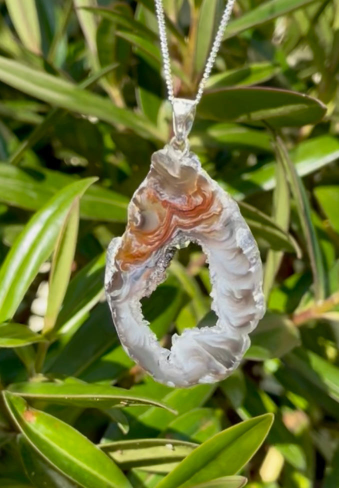 Sterling Silver Natural Agate Slice Pendant with 18”  Sterling silver chain