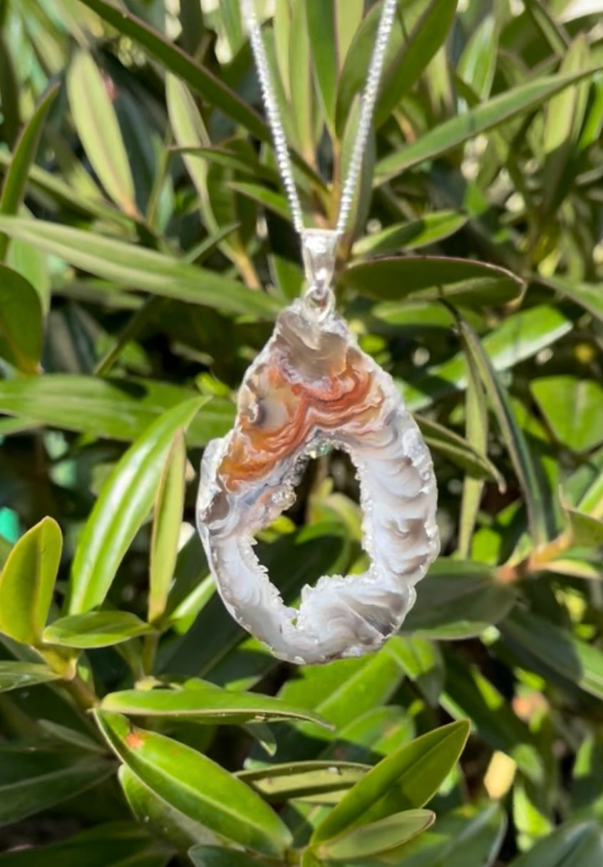 Sterling Silver Natural Agate Slice Pendant with 18”  Sterling silver chain