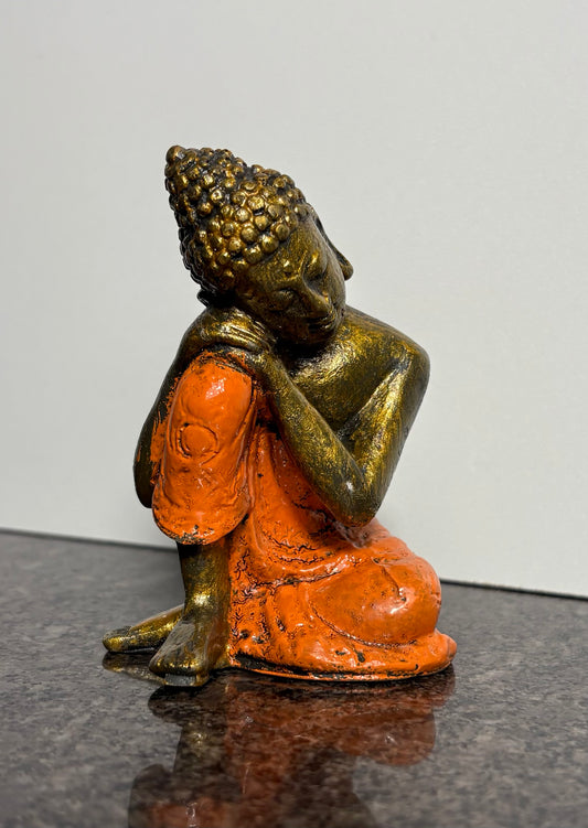 Resting Buddha Resin Figurine – Orange & Gold Meditation Ornament (9cm)