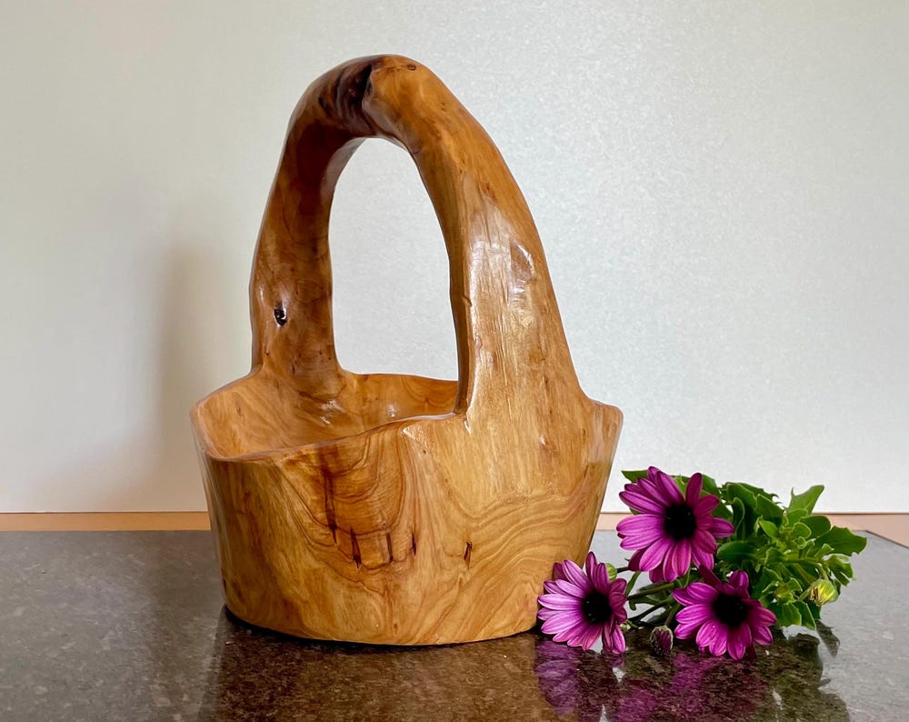 Artisan Solid Wood Decorative Bowl / Basket with handle